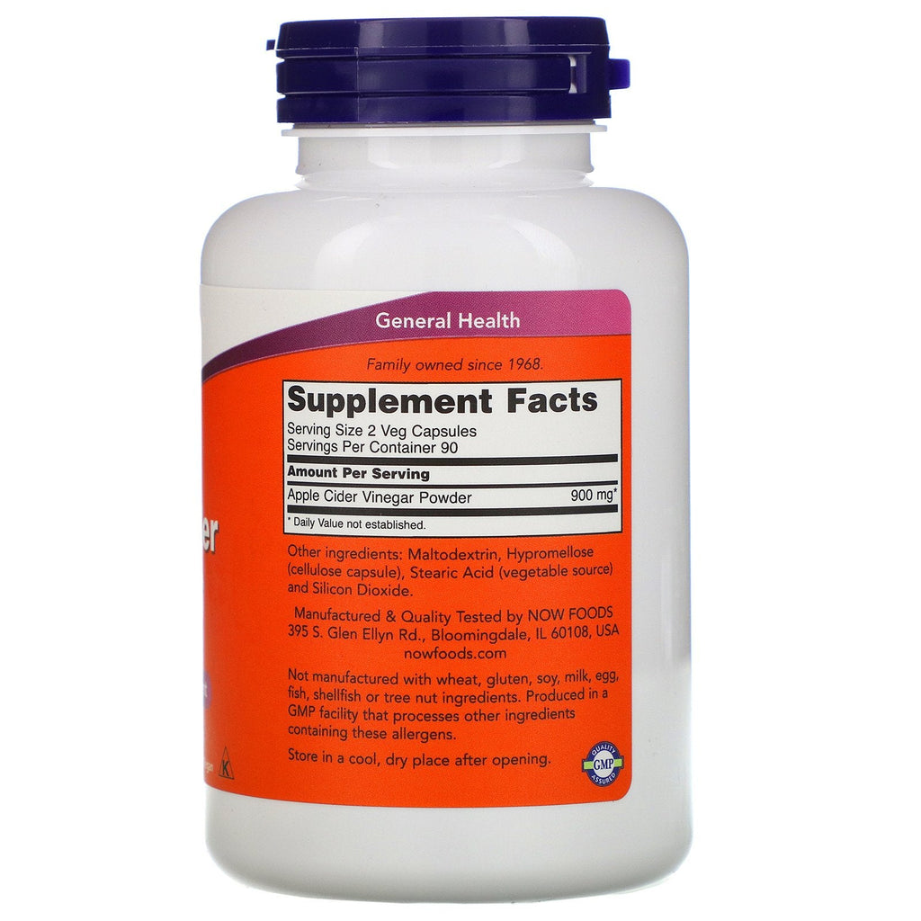 Now Foods, vinagre de sidra de manzana, 450 mg, 180 cápsulas vegetales