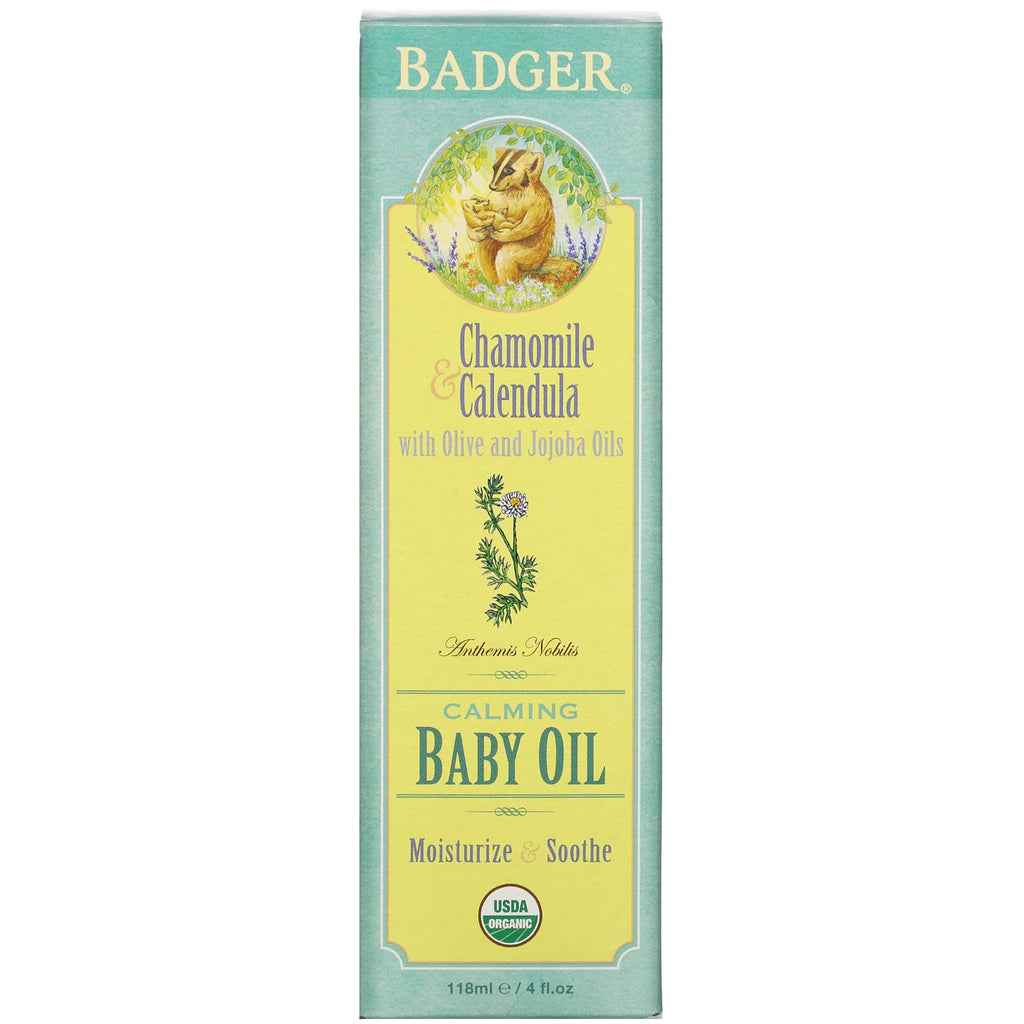 Badger Company, Calming Baby Oil, Kamille &amp; Calendula med oliven- og jojobaolie, 4 fl oz (118 ml)