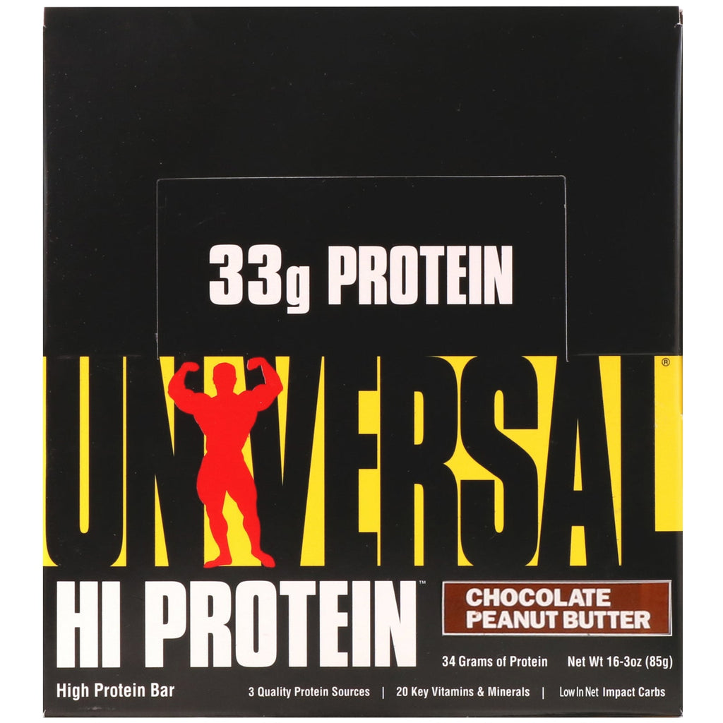 Universal Nutrition, HI proteinbar, chokolade jordnøddesmør, 16 barer, 3 oz (85 g) hver