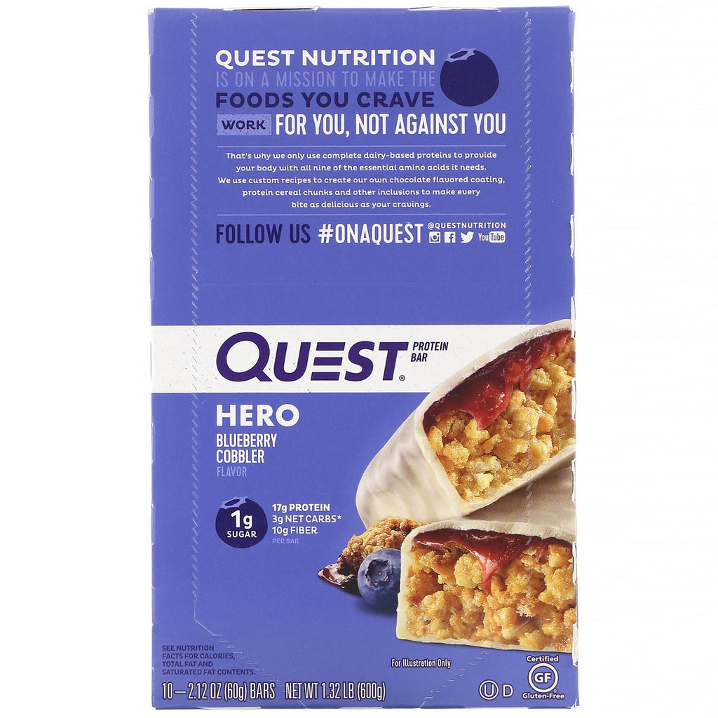 Quest Nutrition, Hero Protein Bar, Blueberry Cobbler, 10 barer, 2,12 oz (60 g) hver