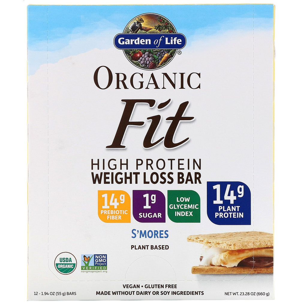 Garden of Life, Fit, High Protein Weight Loss Bar, S'mores, 12 barer, 1,9 oz (55 g) hver