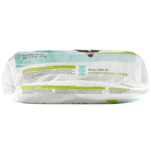 Seventh Generation, Pañales de protección sensible, talla 1, 8-14 lbs, 31 pañales