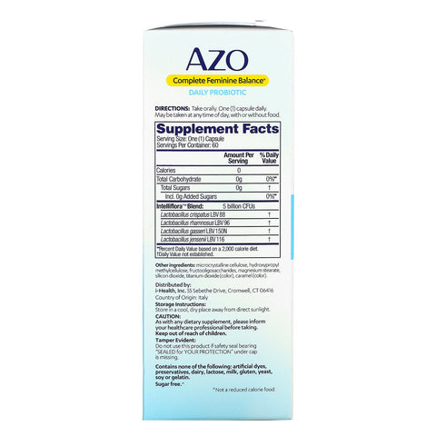 Azo, equilibrio femenino completo, probiótico diario, 5 mil millones de cultivos activos, 60 cápsulas una vez al día