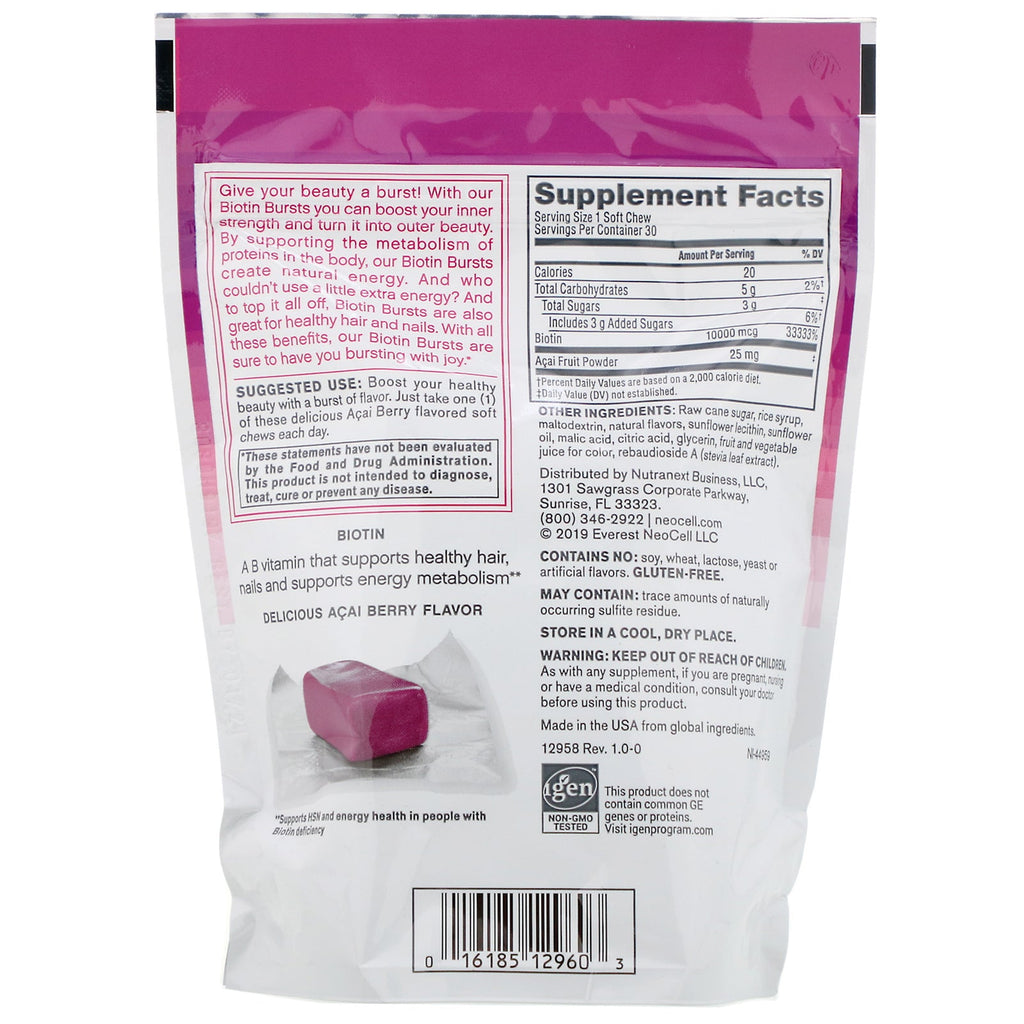 Neocell, Biotin Bursts, Acai Berry Flavor, 10.000 mcg, 30 Soft Chews