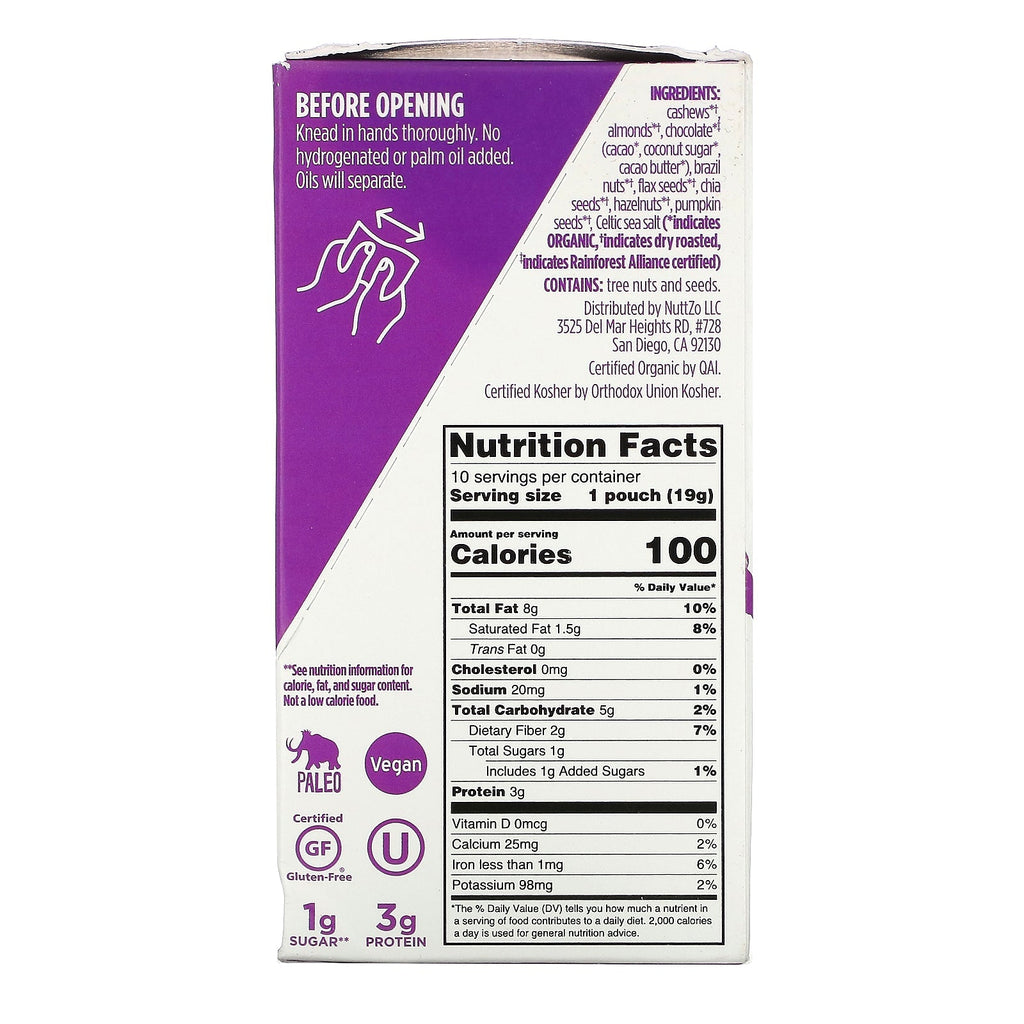 Nuttzo, Paleo Power Fuel 2Go, 7 mantequillas de nueces y semillas, chocolate, 10 paquetes, 0,67 oz (19 g) cada uno