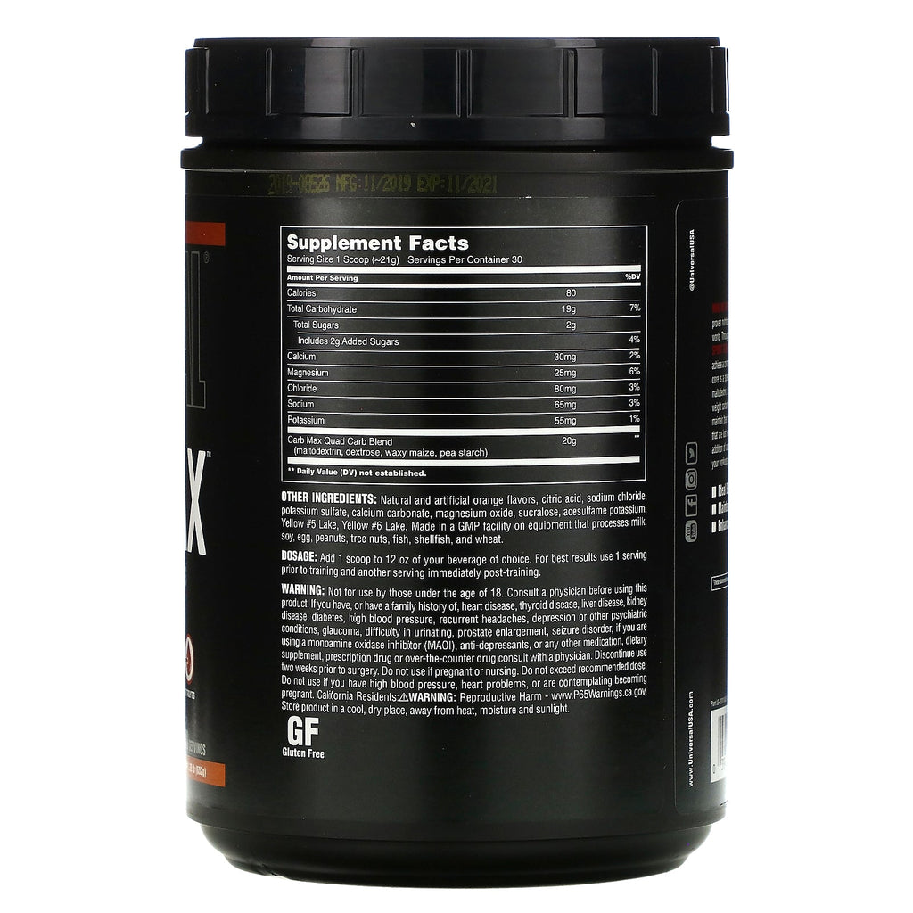 Universal Nutrition, Carb Max, Genopfyld glykogen og elektrolytter, Orange, 1,39 lb (632 g)