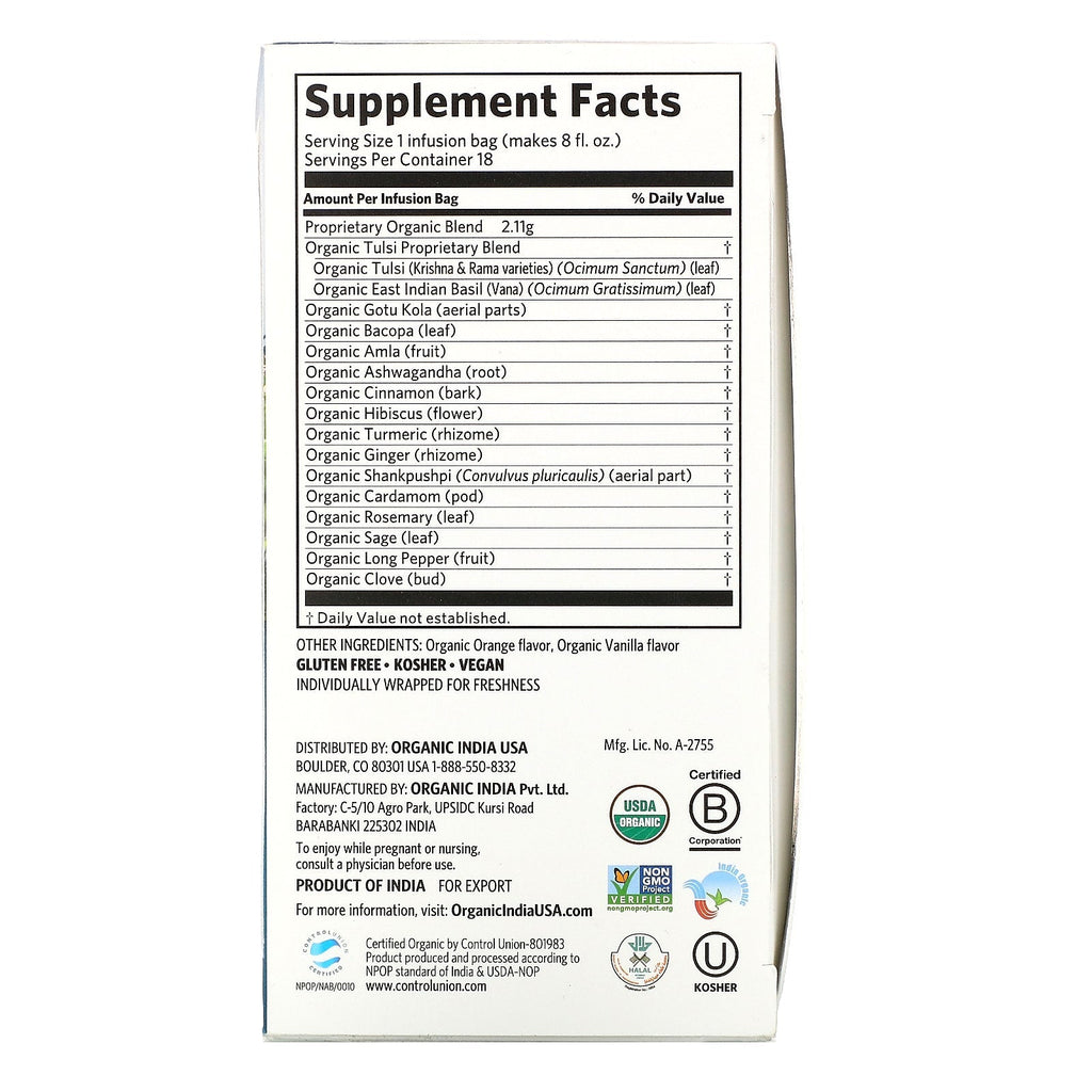 India, Tulsi Tea, Focus, Clementine Vanilla, Caffeine Free, 18 Infusion Bags, 1.34 oz (38.08 g)