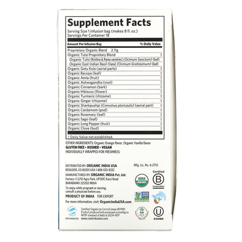 India, Tulsi Tea, Focus, Clementine Vanilla, Caffeine Free, 18 Infusion Bags, 1.34 oz (38.08 g)