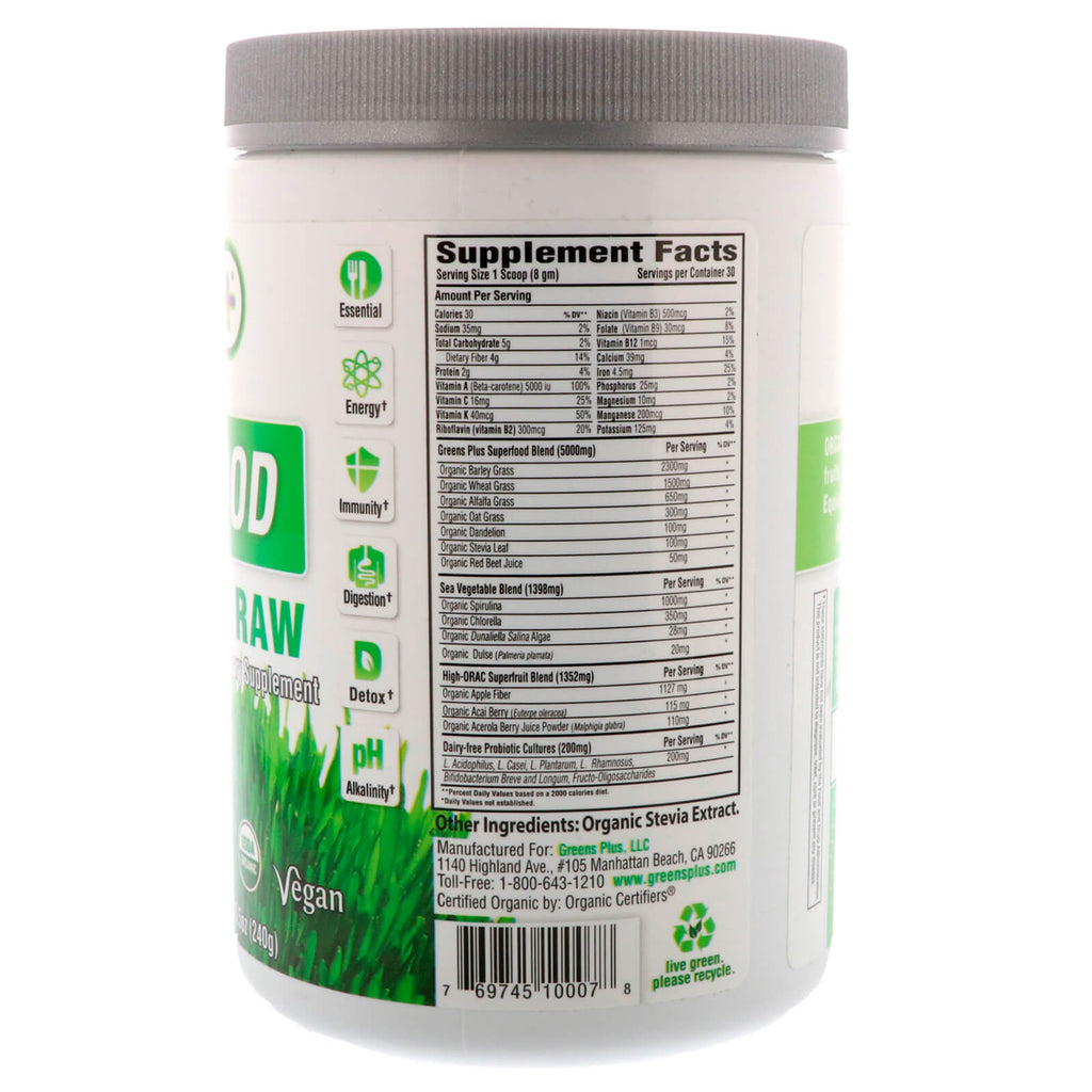 Greens Plus, s Superfood, Raw, 8.5 oz (240 g)