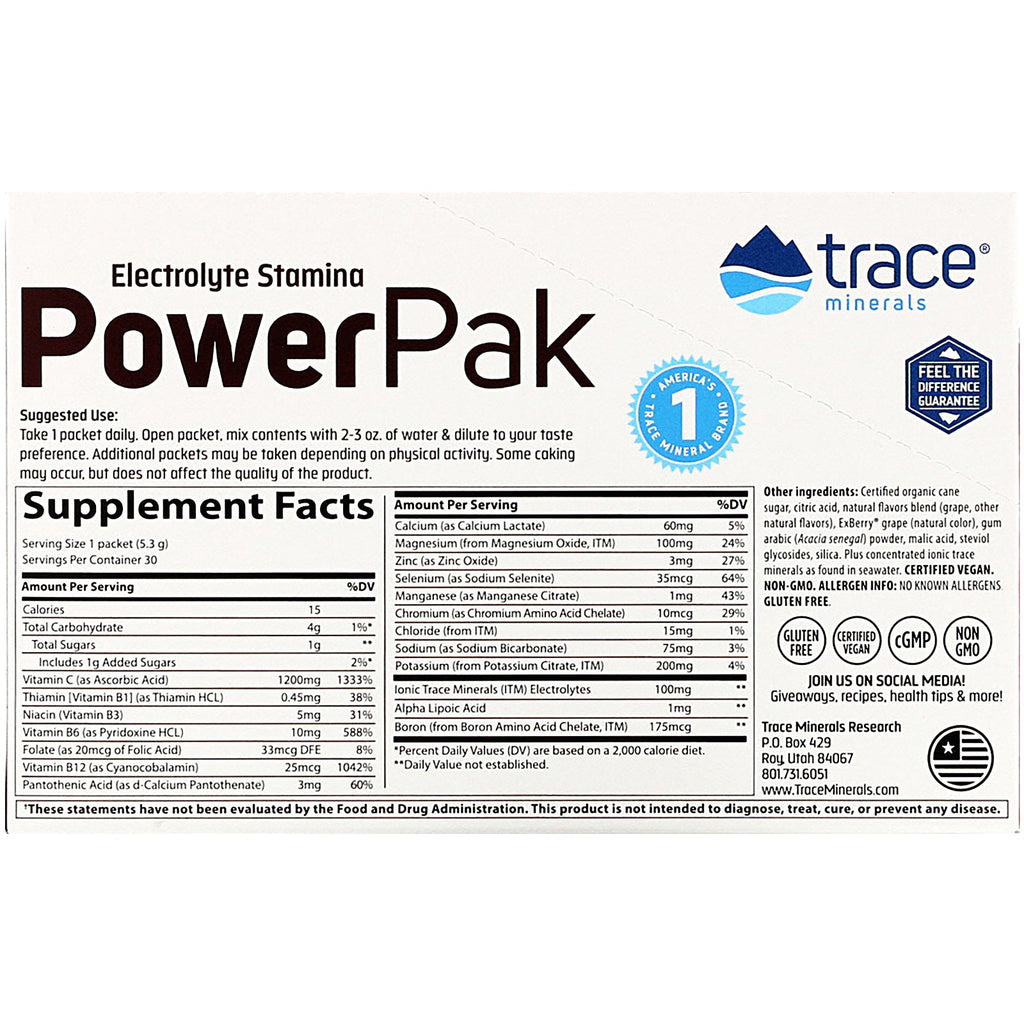 Spormineralforskning, Electrolyte Stamina PowerPak, Concord Grape, 30 pakker. 0,19 oz (5,3 g) hver