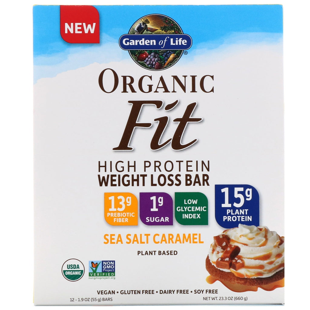 Garden of Life, Fit, vægttabsbar med højt proteinindhold, havsaltkaramel, 12 barer, 1,9 oz (55 g) hver