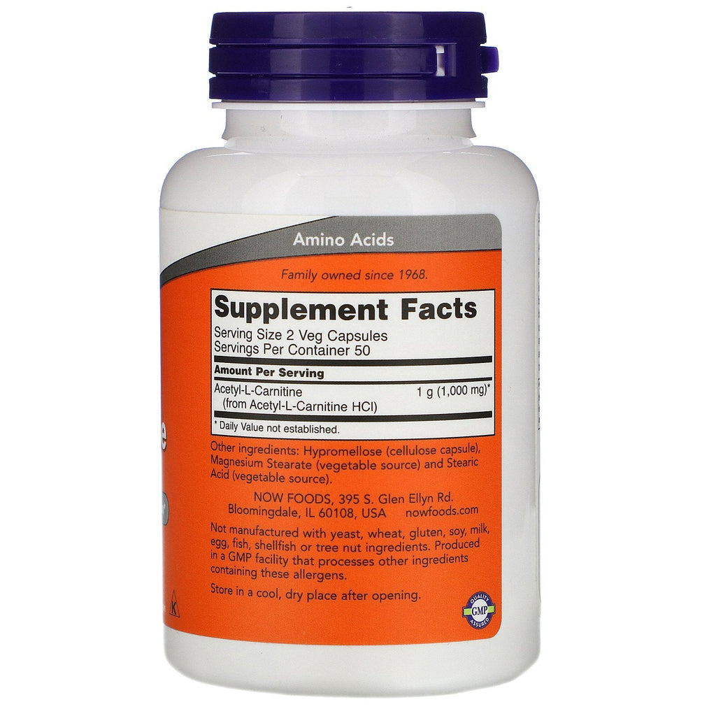 Now Foods, acetyl-L-carnitin, 500 mg, 100 vegetabilske kapsler