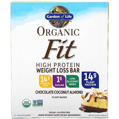 Garden of Life, Fit, vægttabsbar med højt proteinindhold, chokoladekokosmandel, 12 barer, 1,94 oz (55 g) hver