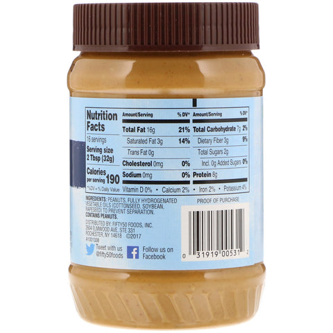 Fifty 50, Low Glycemic Peanut Butter, Crunchy, 18 oz (510 g)