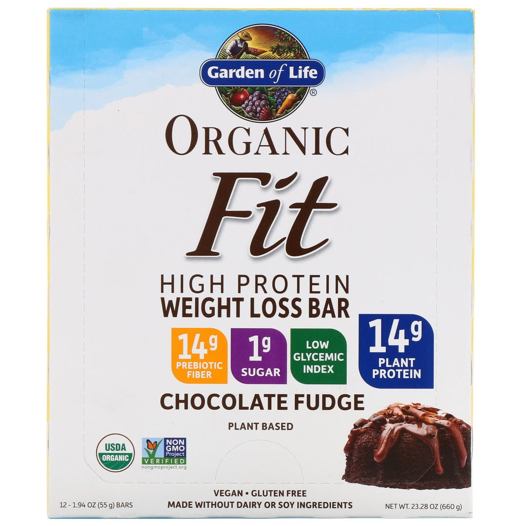 Garden of Life, Fit, vægttabsbar med højt proteinindhold, chokoladefudge, 12 barer, 1,9 oz (55 g) hver