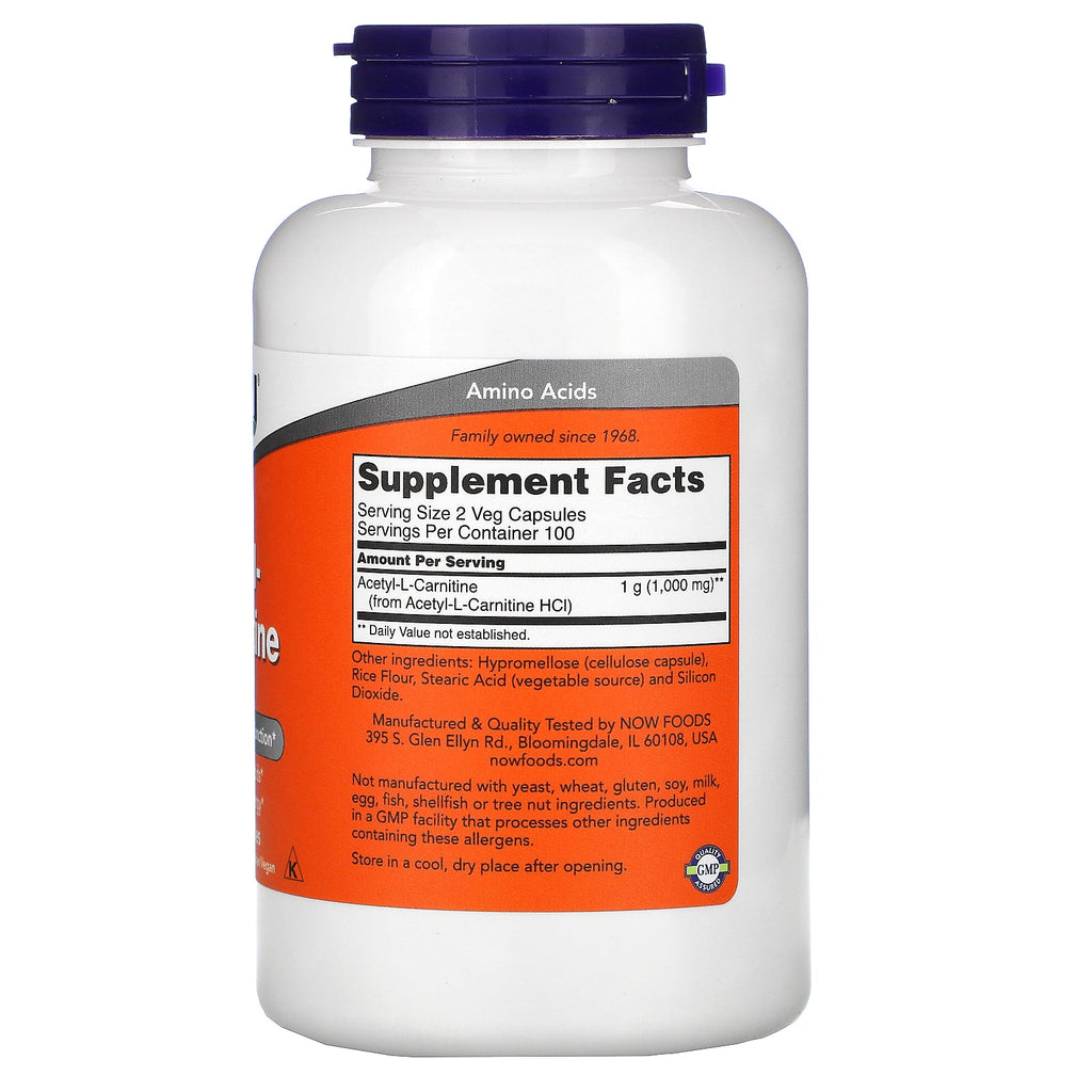 Now Foods, acetyl-L-carnitin, 500 mg, 200 vegetabilske kapsler