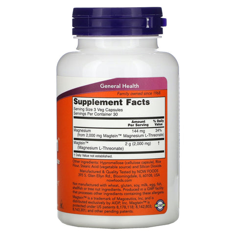 Now Foods, Magtein, Magnesium L-Threonat, 90 Veg-kapsler