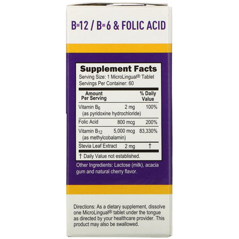 Superior Source, sin inyección, metilcobalamina B-12, B-6 y ácido fólico, 5000 mcg/800 mcg, 60 tabletas microlinguales de disolución instantánea