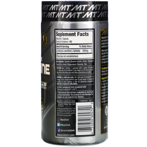 Muscletech, Essential Series, Platinum 100 % L-Carnitin, 500 mg, 180 kapsler