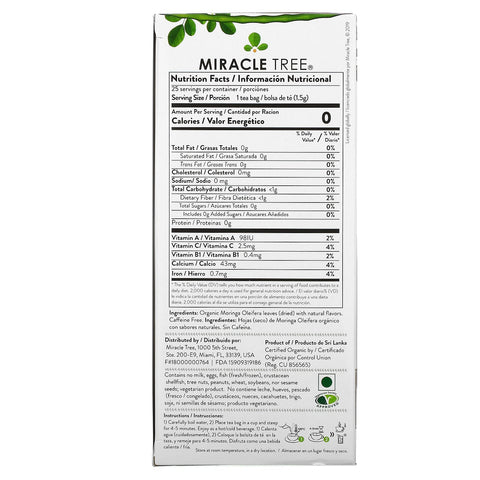 Miracle Tree, Moringa  Superfood Tea, Ginger, Caffeine Free, 25 Tea Bags, 1.32 oz (37.5 g)