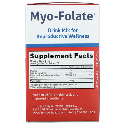 Fairhaven Health, Myo-Folate, mezcla de bebida para el bienestar reproductivo, sin sabor, 30 paquetes, 2,4 g cada uno