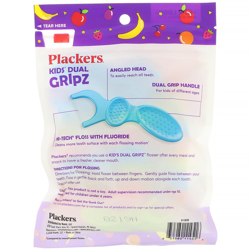 Plackers, Kid's Dual Gripz, Tandtråd med fluorid, Frugt Smoothie Swirl, 75 Count