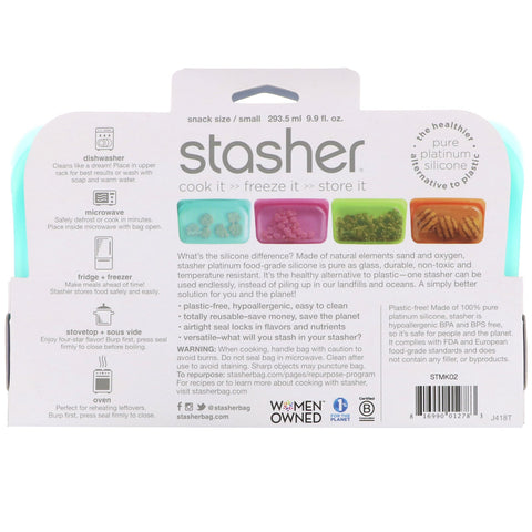 Stasher, Reusable Silicone Food Bag, Snack Size Small, Aqua, 9.9 fl oz (293.5 ml)