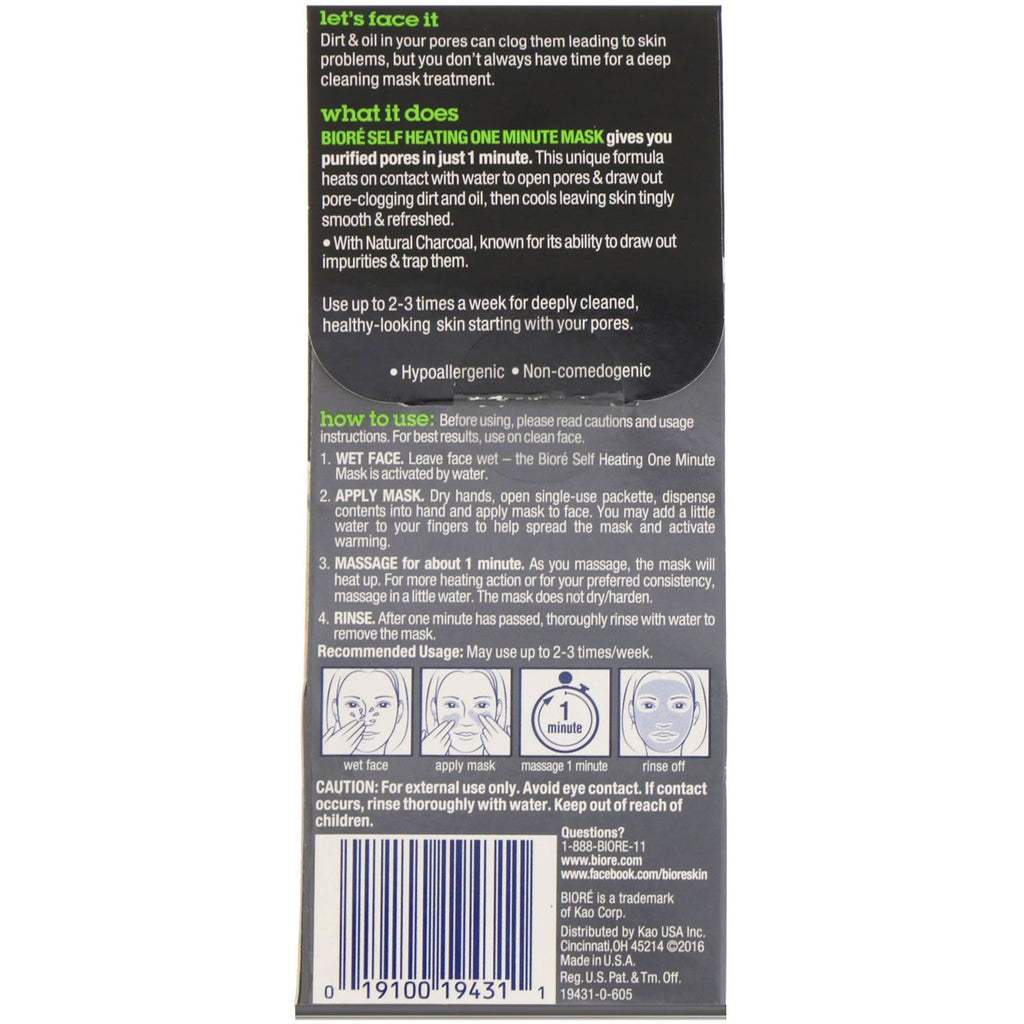 Biore, Self Heating One Minute Mask, Charcoal, 4 Single Use Packs, 0.25 oz (7.0 g) Each