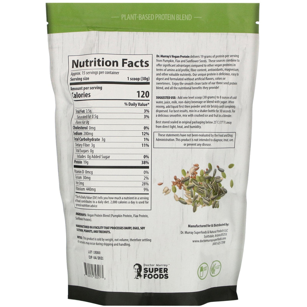 Dr. Murray's, Super Foods, vegansk proteinpulver med 3 frø, uden smag, 453,5 g (16 oz)