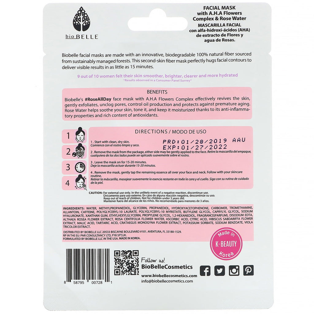 Biobelle, botanisk fiber ansigtsmaske, eksfolierer og lysner, #RoseAllDay, 1 ark, 0,88 oz (25 g)