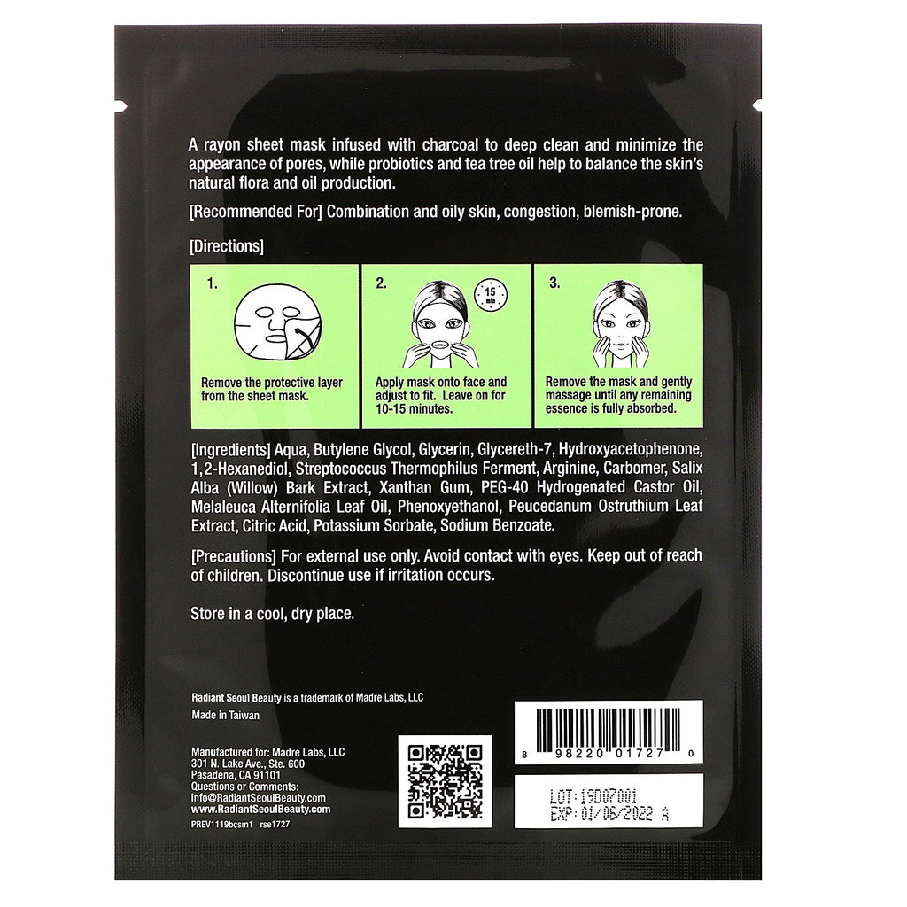 Radiant Seoul, Balancing Charcoal Sheet Mask, 1 Sheet Mask, 0.85 oz (25 ml)