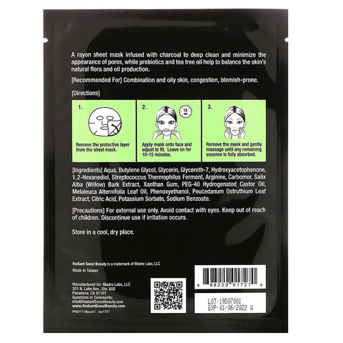 Radiant Seoul, Balancing Charcoal Sheet Mask, 1 Sheet Mask, 0,85 oz (25 ml)