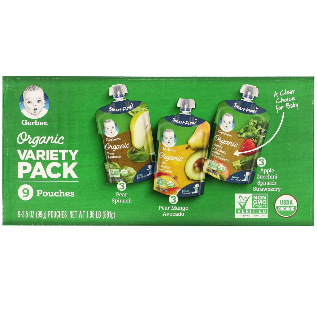 Gerber, Variety Pack, Pærespinat, Pære Mango Avocado, Æble Zucchini Spinat Jordbær, 9 poser, 3,5 oz (99 g) hver