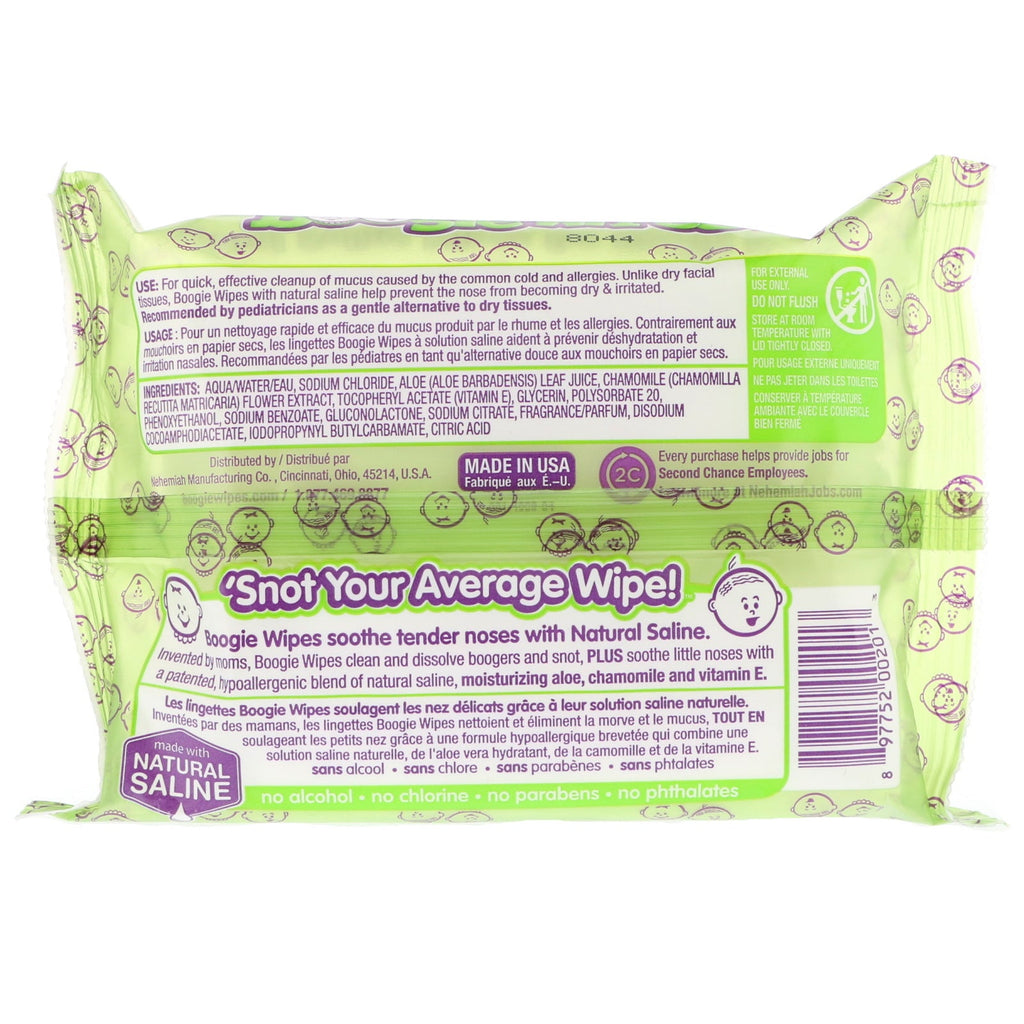 Boogie Wipes, toallitas salinas naturales para la nariz tapada, aroma fresco, 30 toallitas