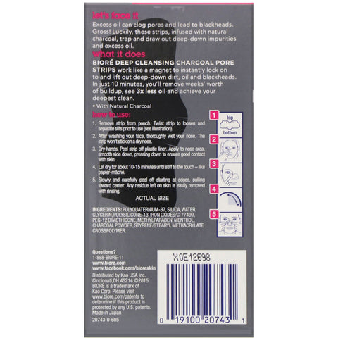 Biore, Deep Cleansing Pore Strips, Charcoal, 6 Nose Strips