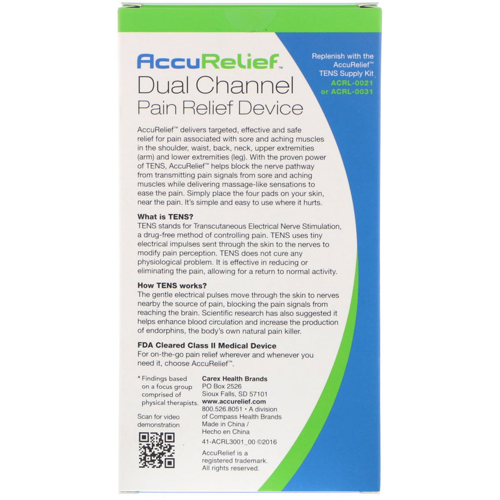 AccuRelief, dispositivo de alivio del dolor de doble canal, terapia TENS para dolor muscular y articular, 1 dispositivo de doble canal y 4 almohadillas de gel con electrodos