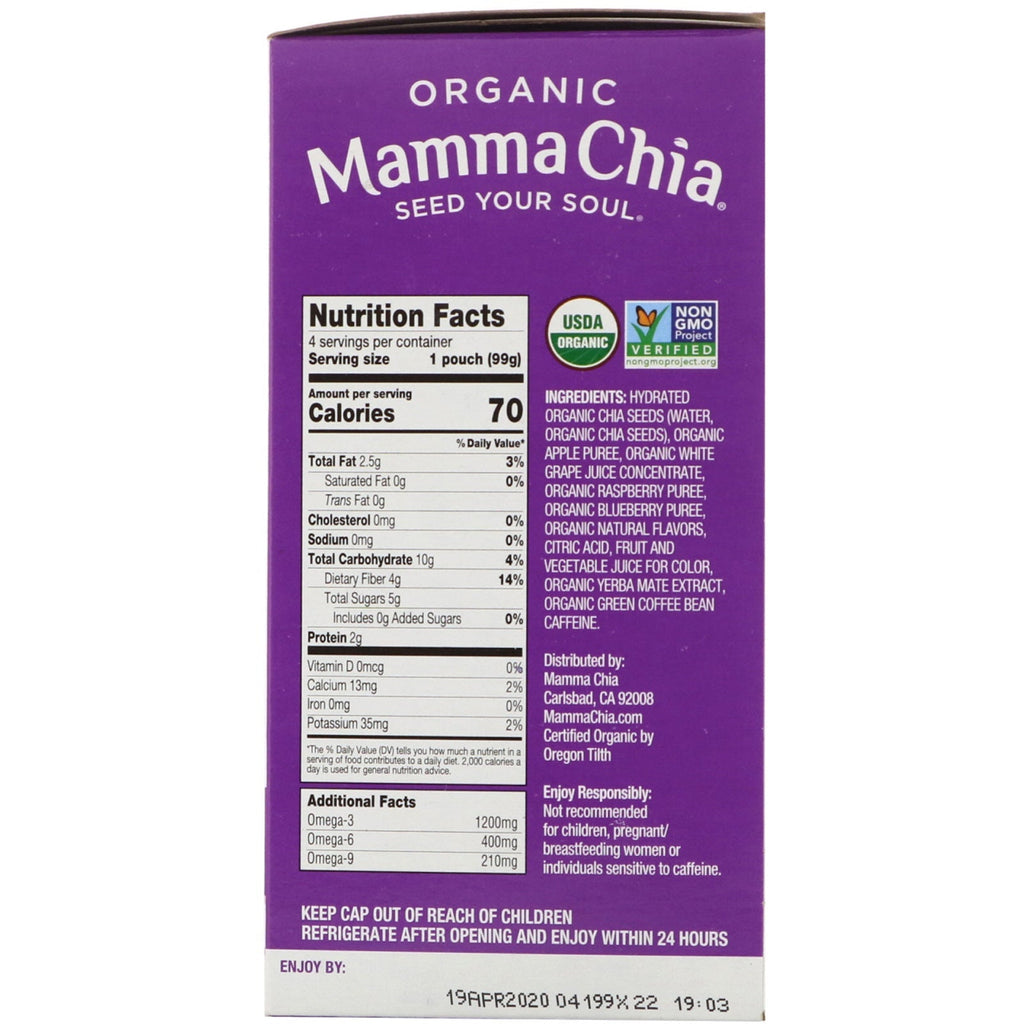 Mamma Chia, Chia Energy Squeeze, Berry Burst, 4 sobres, 3,5 oz (99 g) cada uno