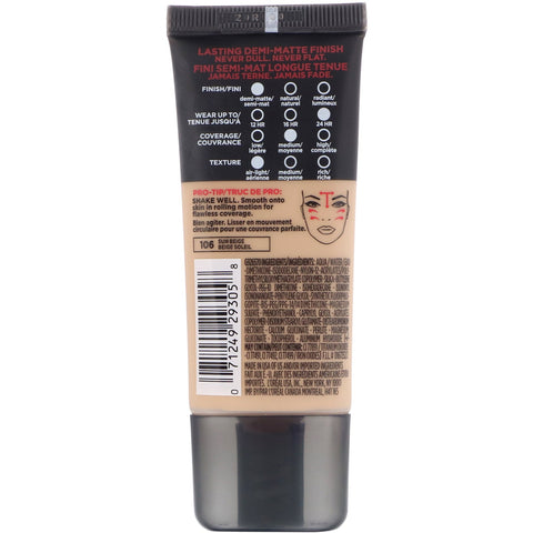 L'Oreal, Infallible Pro-Matte Foundation, 106 Sun Beige, 1 fl oz (30 ml)