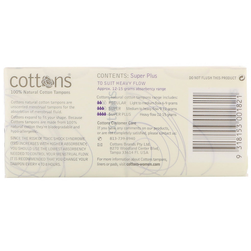 Cottons, Tampones de algodón 100 % natural, Super Plus, sin perfume, 16 tampones