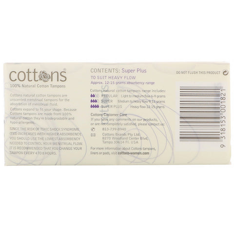 Cottons, 100% Natural Cotton Tampons, Super Plus, Unscented, 16 Tampons