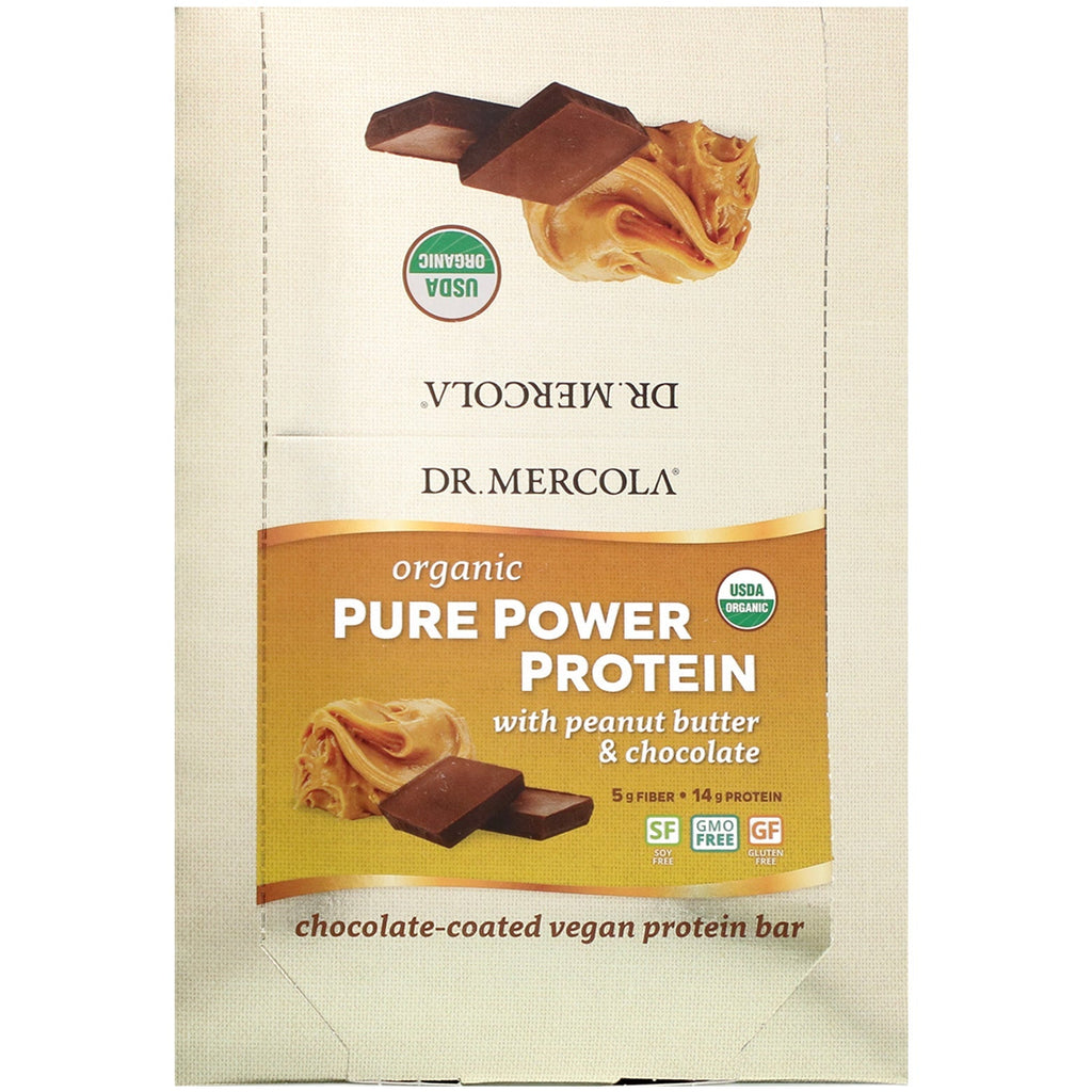 Dr. Mercola, Pure Power Protein Bar, Peanut Butter &amp; Chokolade, 12 barer, 1,83 oz (52 g) hver