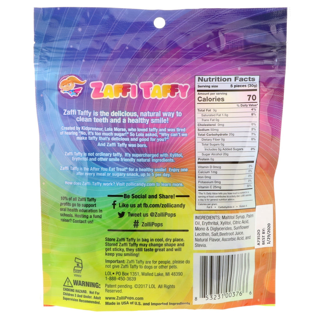 Zollipops, Zaffi Taffy, Clean Teeth Taffy, Lækre frugtsmag, 3,0 oz