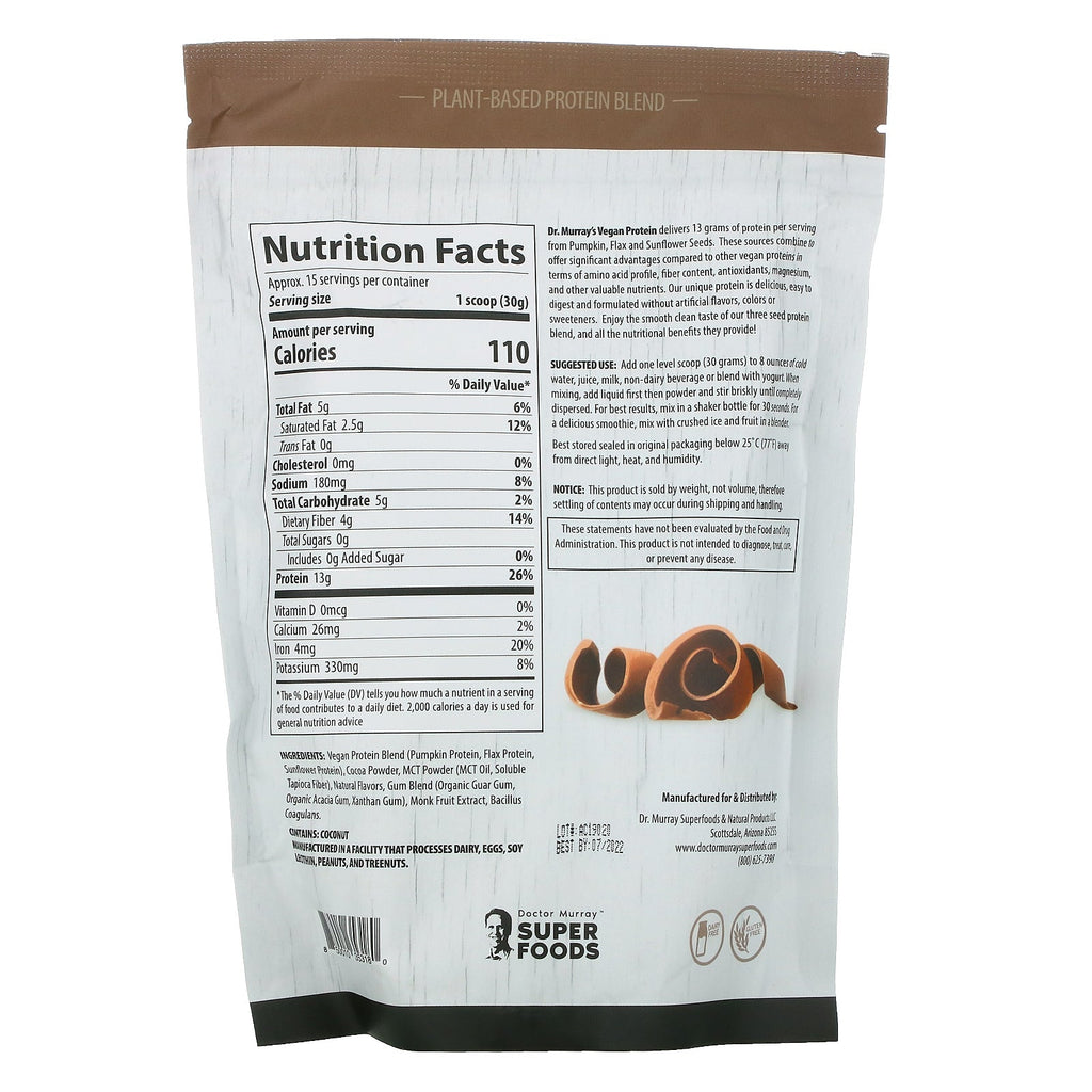 Dr. Murray's, Super Foods, 3 Seed Protein Powder, Chocolate, 16 oz (453.5 g)