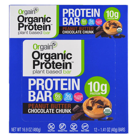 Orgain, plantebaseret proteinbar, jordnøddesmørchokoladestykke, 12 barer, 40 g (1,41 oz) hver