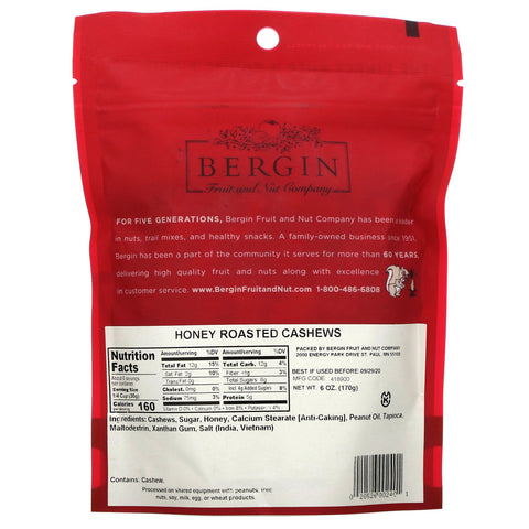 Bergin Fruit and Nut Company, Honey Roasted Cashews, 6 oz (170 g)