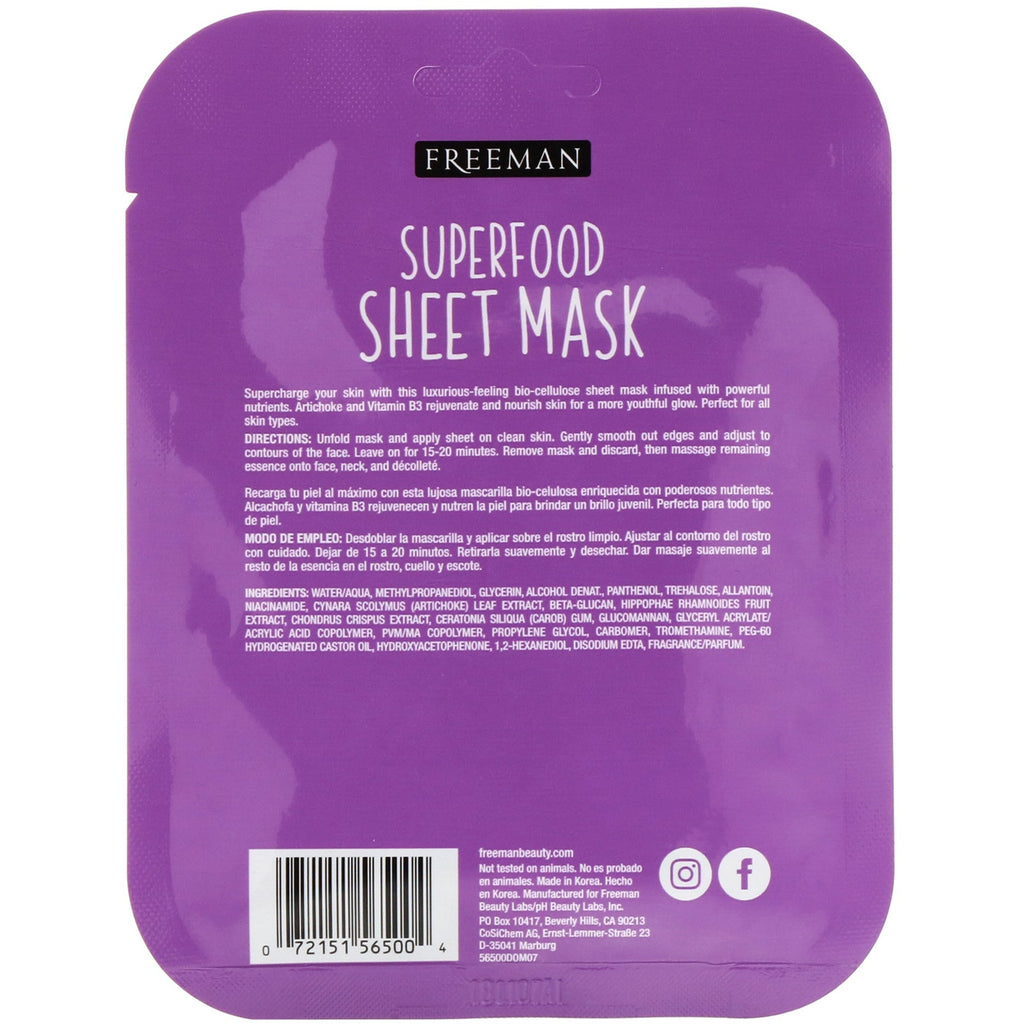 Freeman Beauty, Superfood Sheet Mask, Anti-Aging Artiskok, 1 maske, 0,84 fl oz (25 ml)