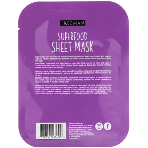 Freeman Beauty, Superfood Sheet Mask, Anti-Aging Artiskok, 1 maske, 0,84 fl oz (25 ml)