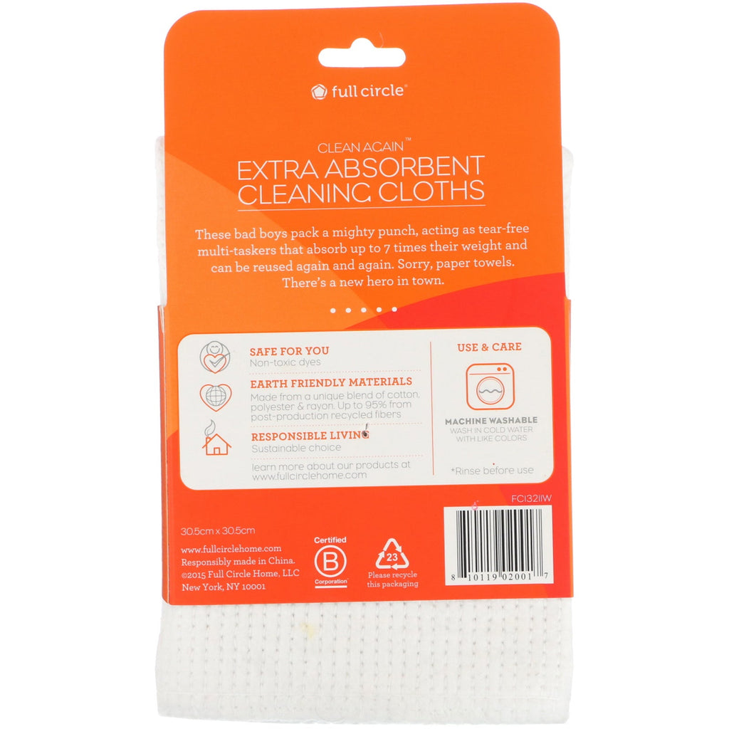 Full Circle, Clean Again, Extra Absorbing Cleaning Cloths, 2 Pack, 12" x 12" Each