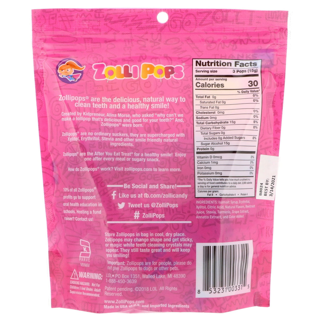 Zollipops, The Clean Teeth Pops, Strawberry, 15 ZolliPops, (3,1 oz)