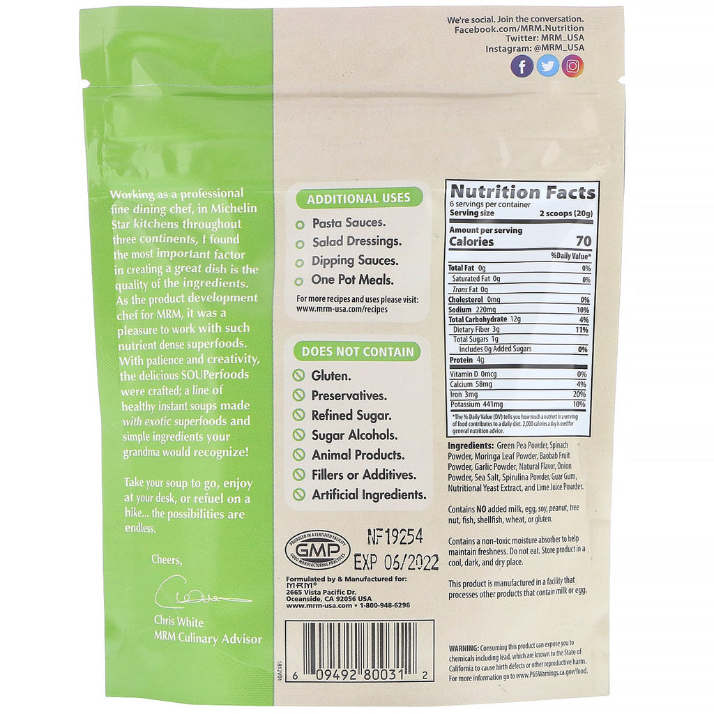 MRM, Superfoods, Moringa Grøn Ærtesuppe, 4,2 oz (120 g)